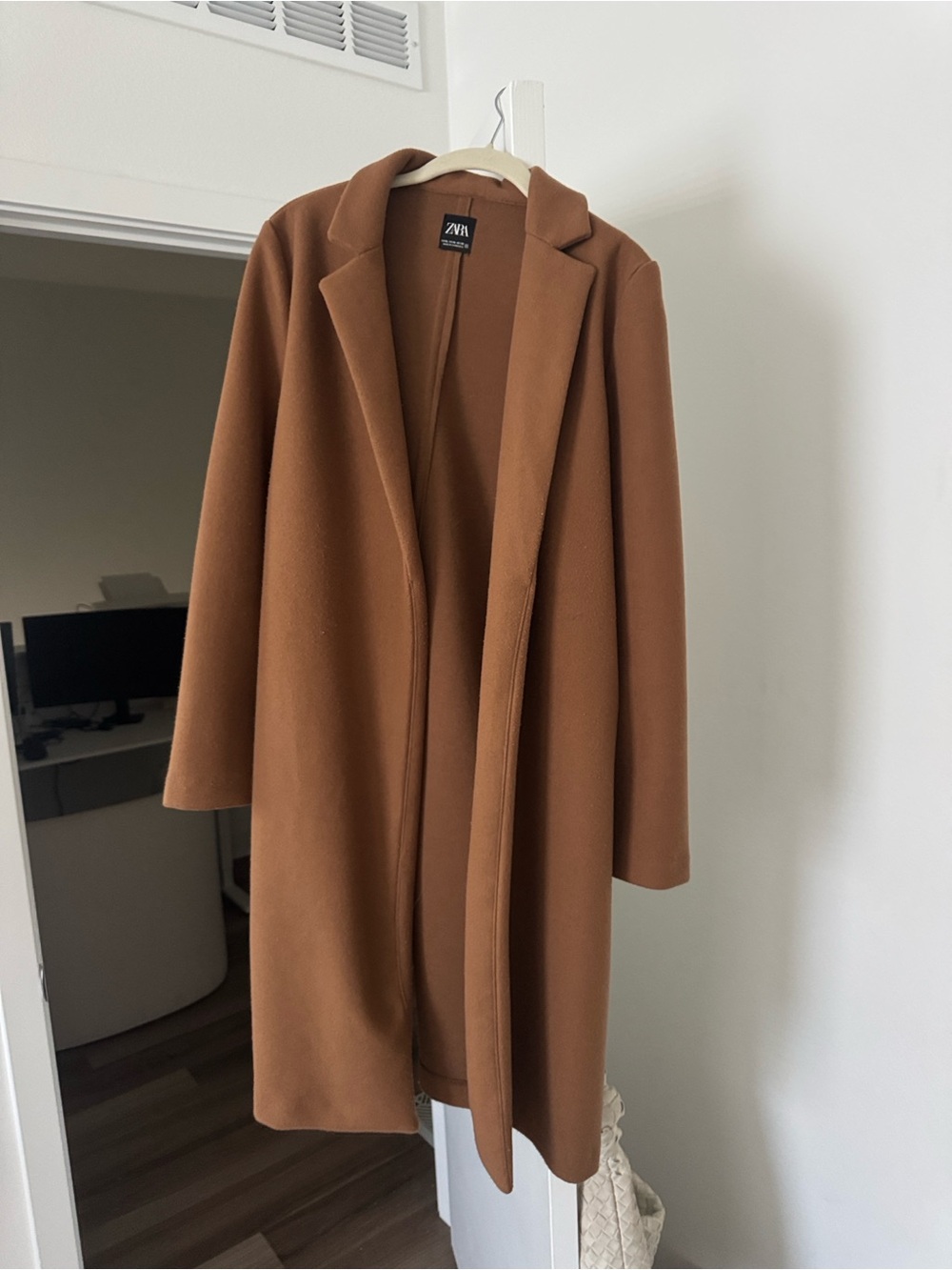 Zara Brown Open-Front Long Felt Coat